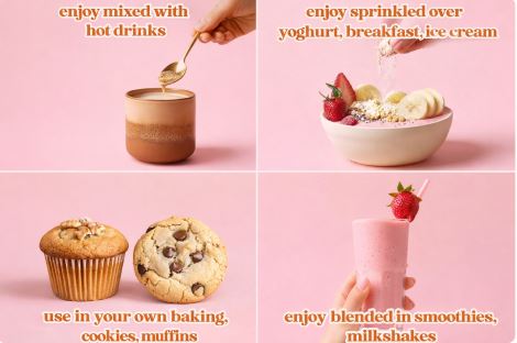 Collage of images showing a product being used with various food items on a pink background Mammas Milk Bar