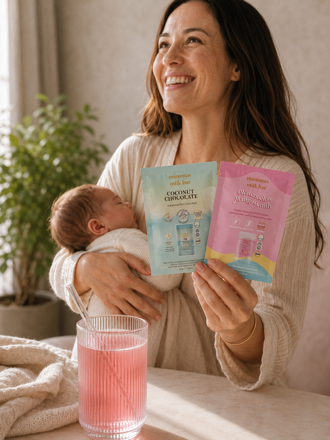 A smiling woman holds a baby in her arms while holding two colorful skincare packet packages, one light blue and one pink, in a warm indoor setting. A pink drink sits on the table in the foreground.