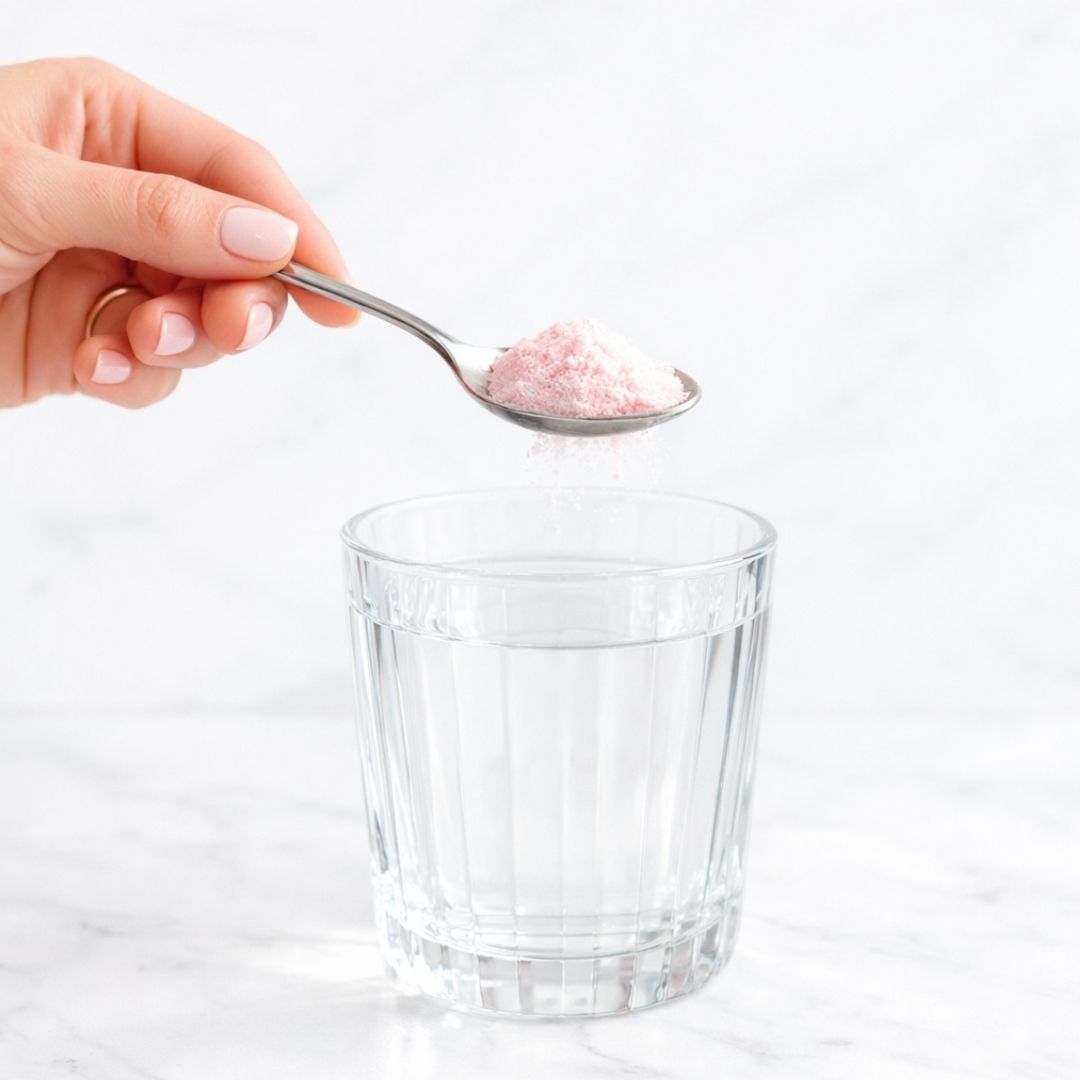 Hand holding a spoon with pink powder over a clear glass on a white background