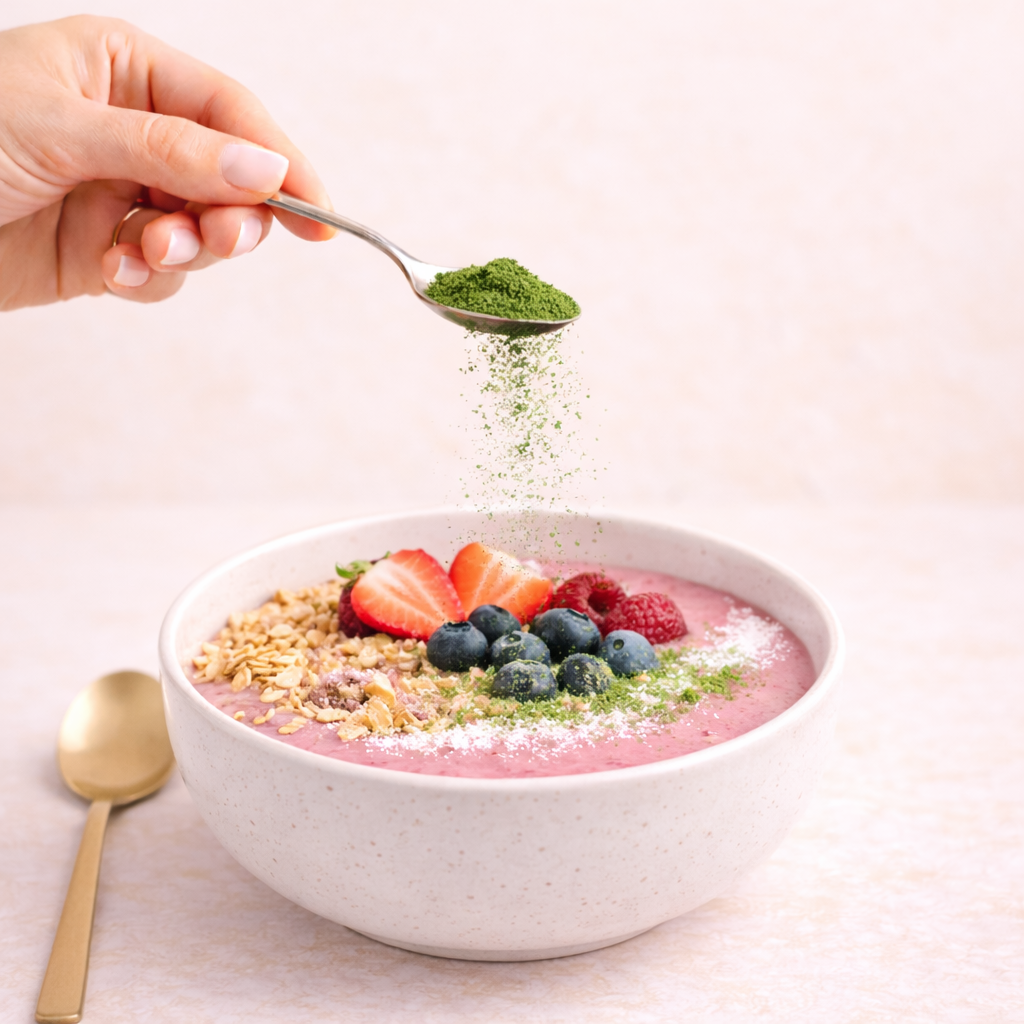 Person sprinkling green powder onto a bowl of fruit and granola with a spoon.