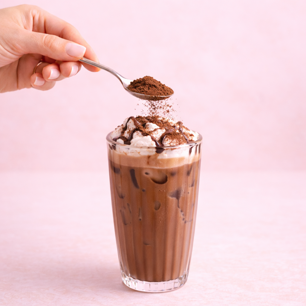 Glass of chocolate milkshake with whipped cream and a spoonful of chocolate powder being added on a pink background