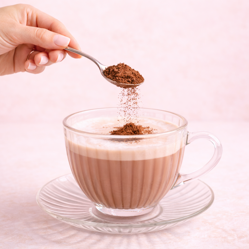 Hand sprinkling cocoa powder into a glass of hot chocolate on a light pink background