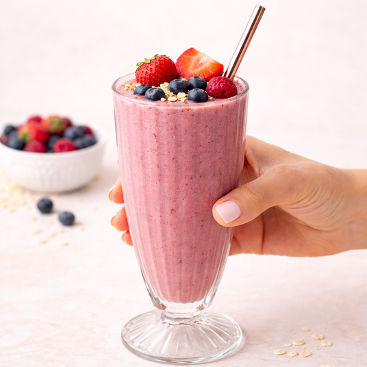 Hand holding a pink smoothie glass topped with berries on a light background