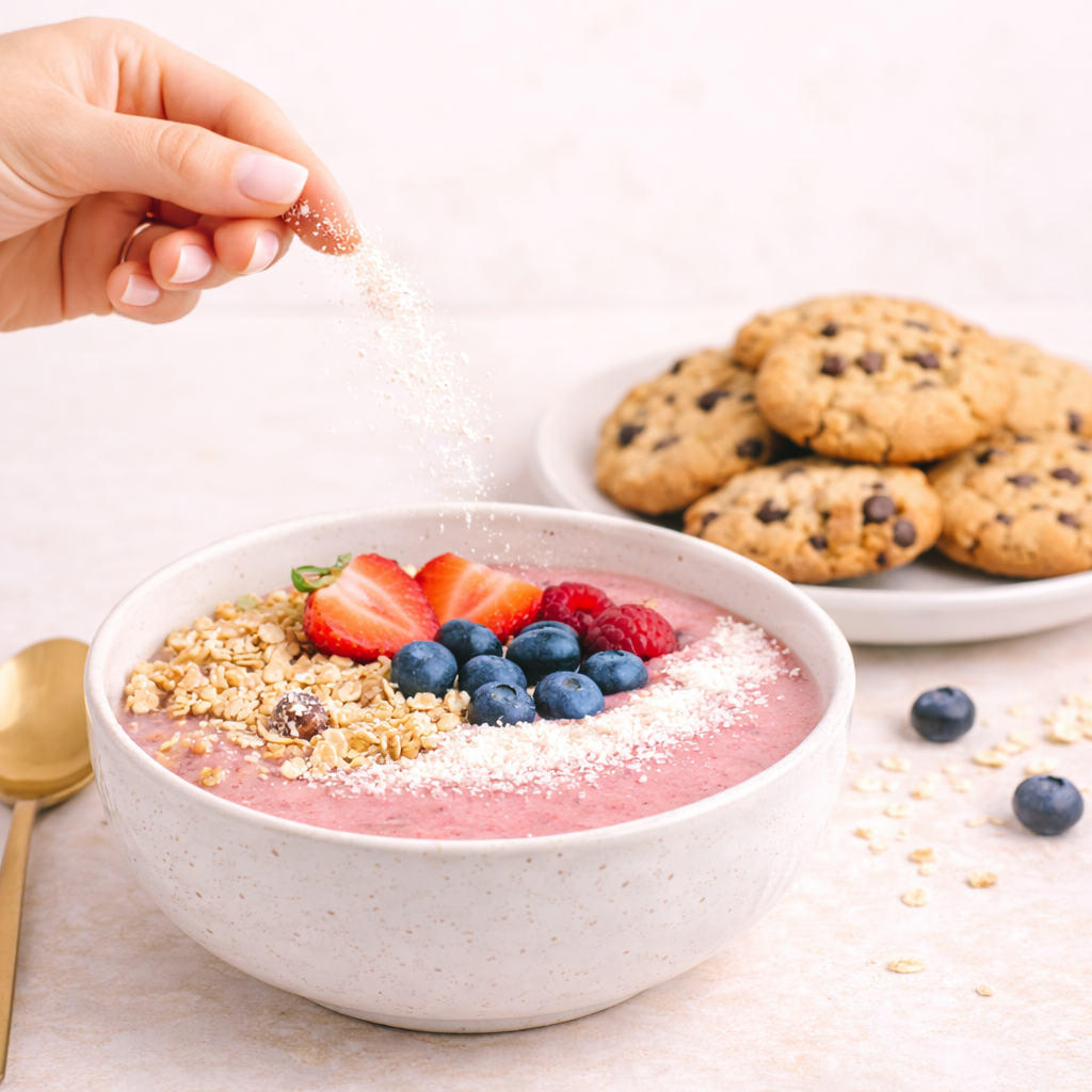 Bowl of pink smoothie with berries and granola, hand sprinkling something on top, cookies in the background.