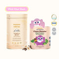 Two containers of 'mammas milk bar' and 'Choco Monster Plant Protein+' on a white background.