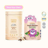 Two containers of 'mammas milk bar' and 'Choco Monster Plant Protein+' on a white background.