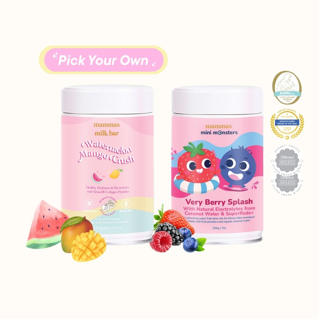 Two containers of 'Mamas Milk Bar' with fruit graphics and text on a white background